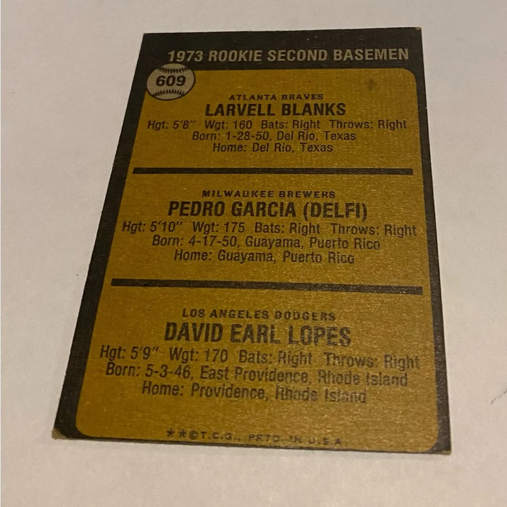 Dave Lopes/Pedro Garcia/Larvell Blanks 1973 RC Rookie 2nd Baseman Baseball